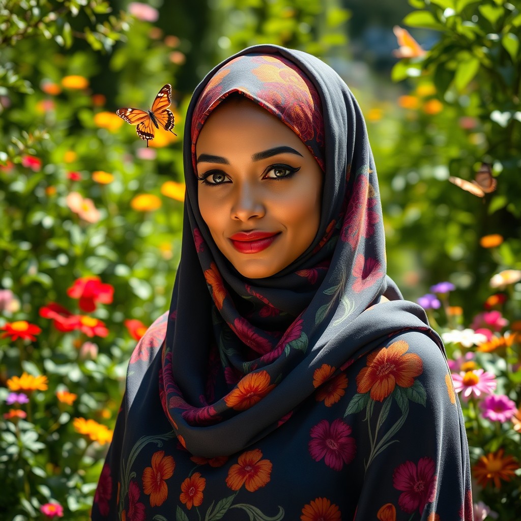 A beautiful and elegant woman wearing a hijab, showcasing a vibrant floral pattern on her headscarf