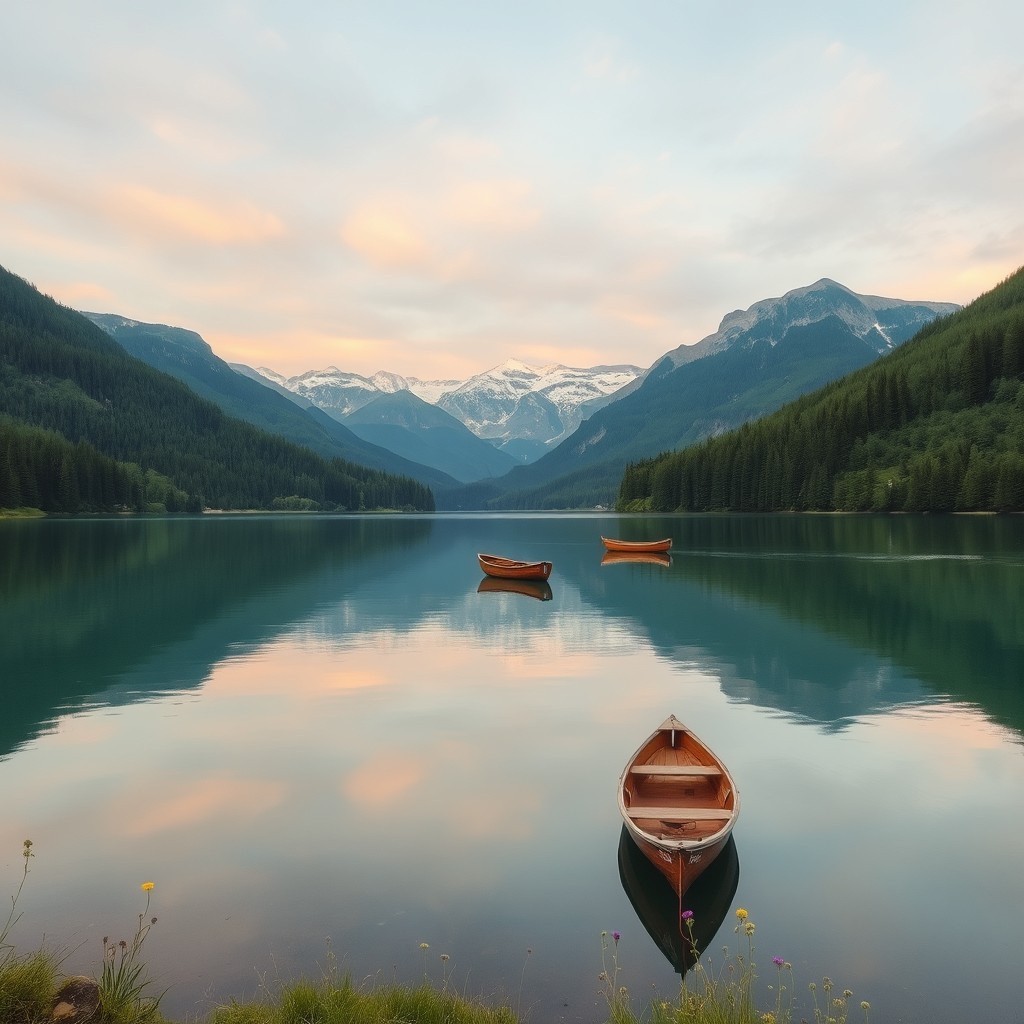 A serene landscape featuring a tranquil lake surrounded by lush green forests and majestic mountains in the background