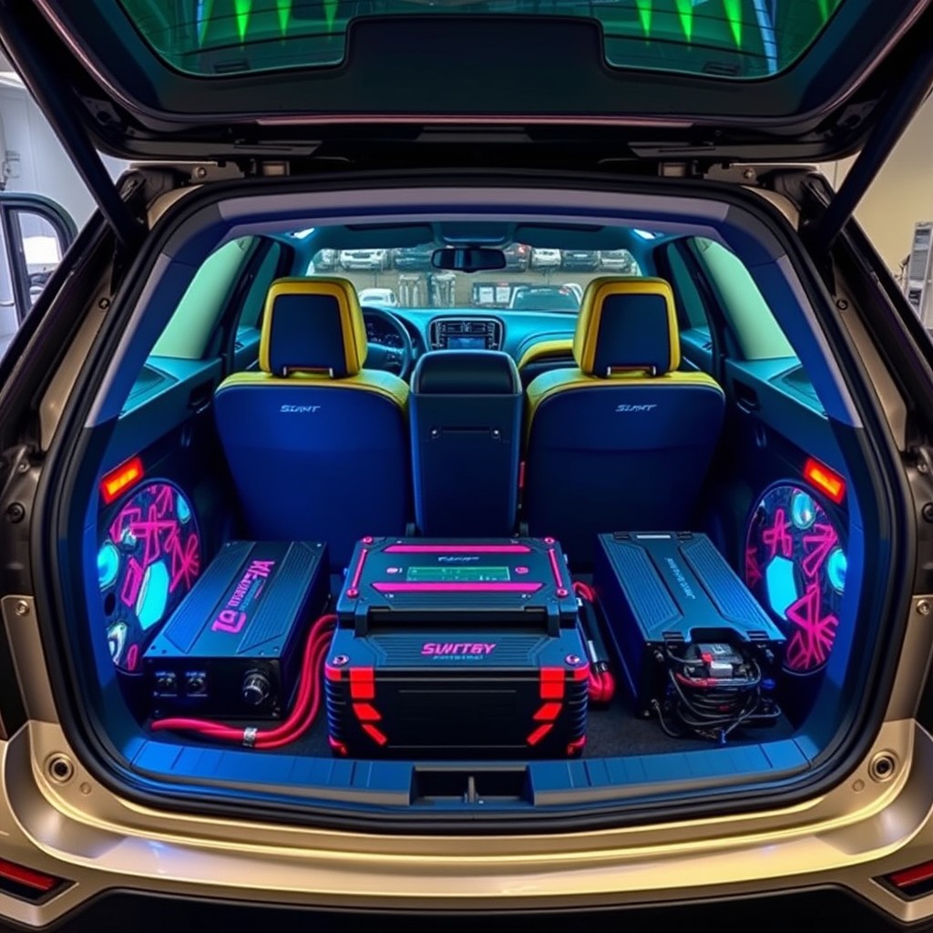 A visually stunning custom car audio system installation featuring a beautifully designed amplifier base without changing existing elements