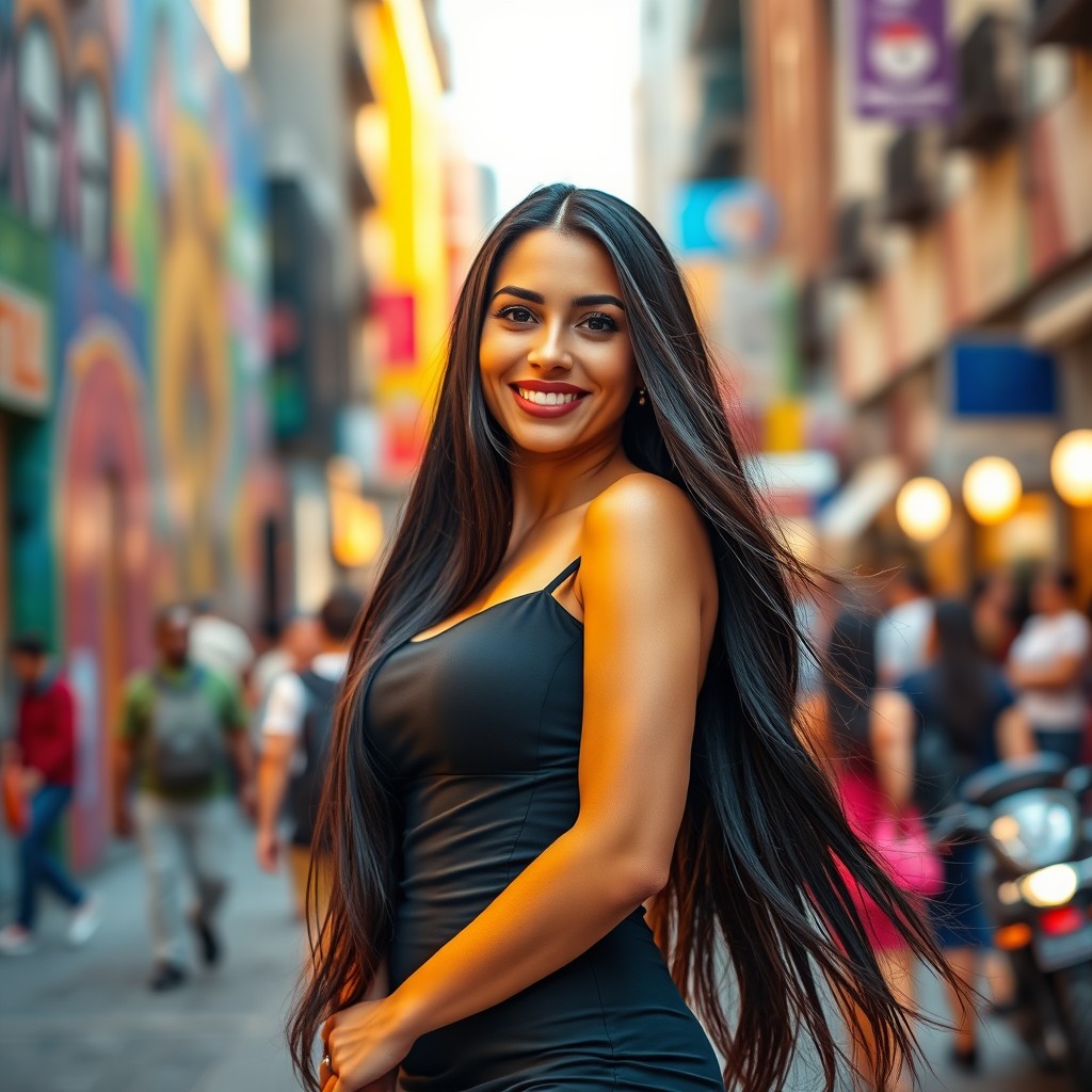 A beautiful Latina woman with long flowing dark hair, standing confidently on a vibrant city street