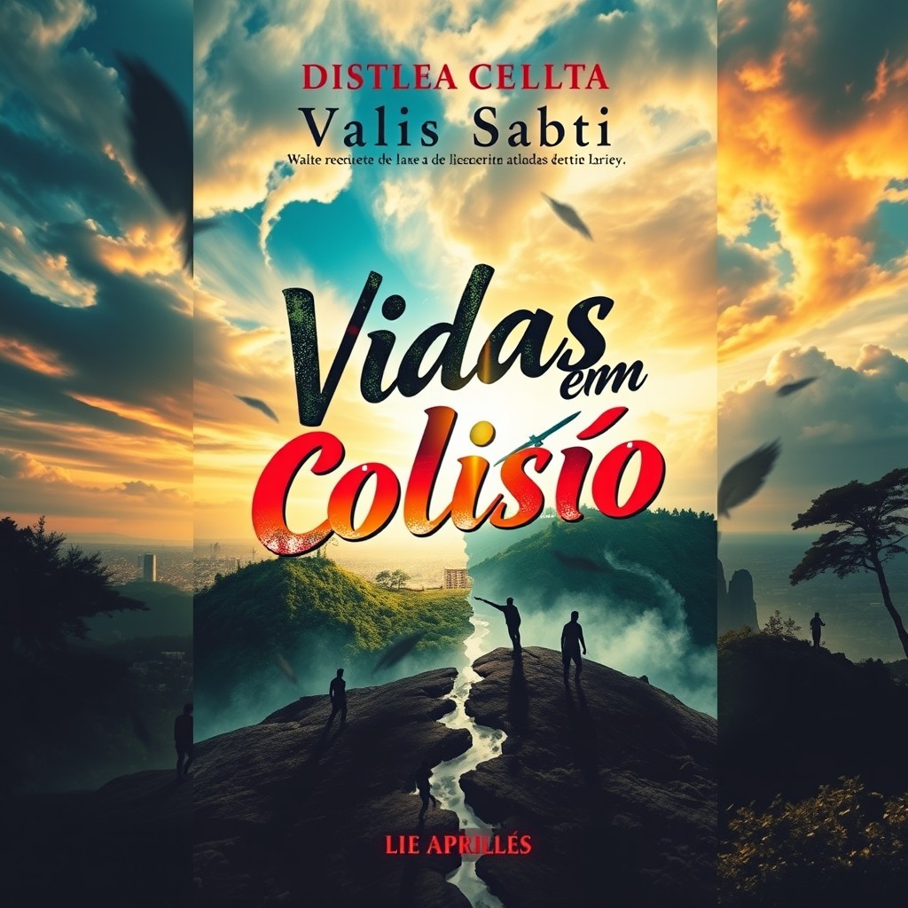 A captivating book cover design for 'Vidas em Colisão', featuring a dramatic scene of two worlds colliding