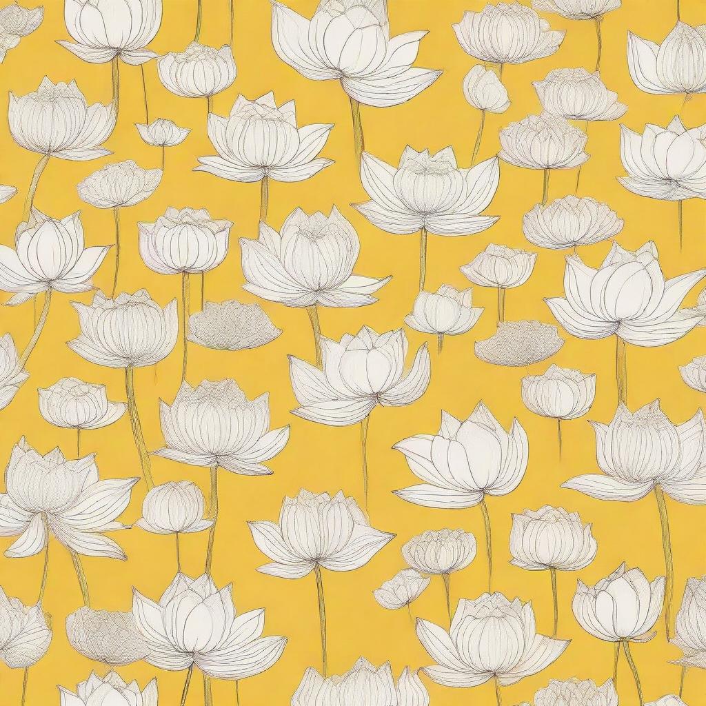 A pattern of numerous delicate white lotuses on a bright yellow cotton cloth.