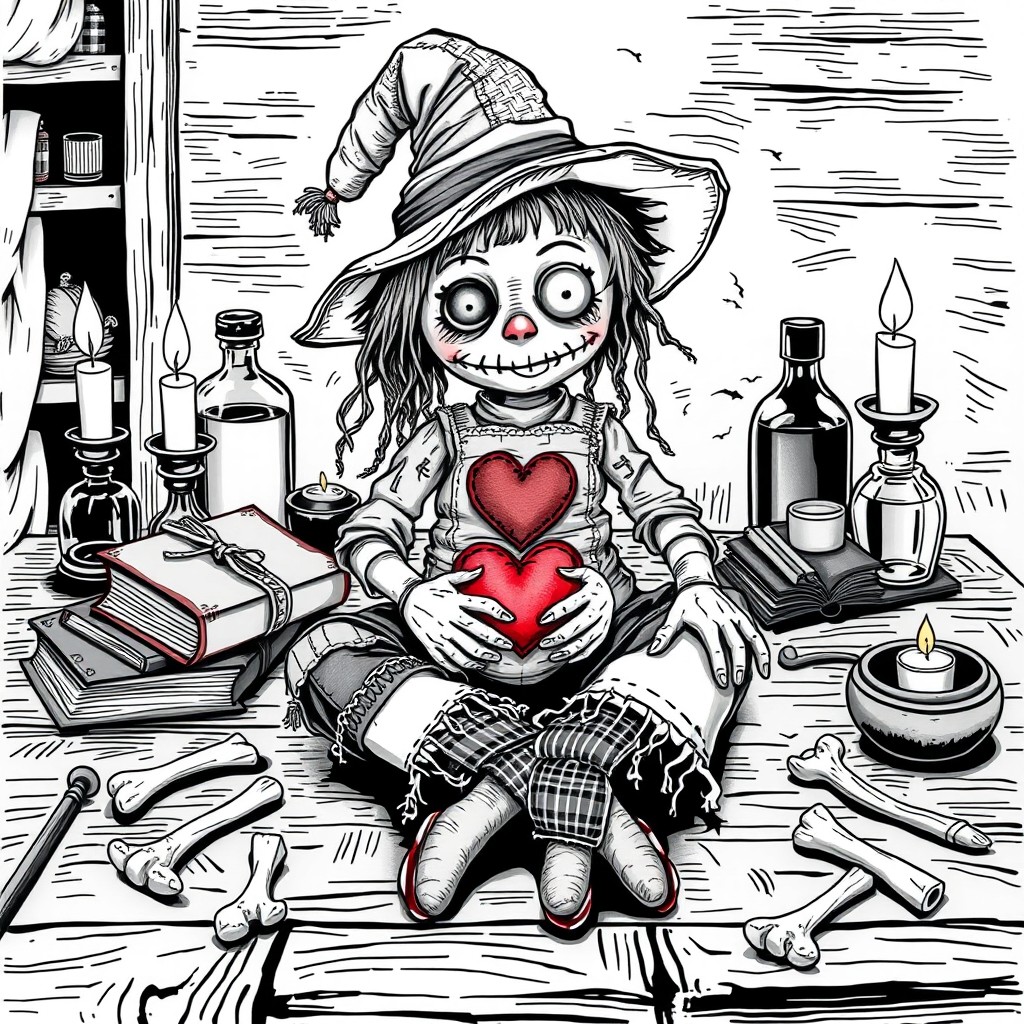 A creepy rag witch doll sitting cross-legged on an old wooden table