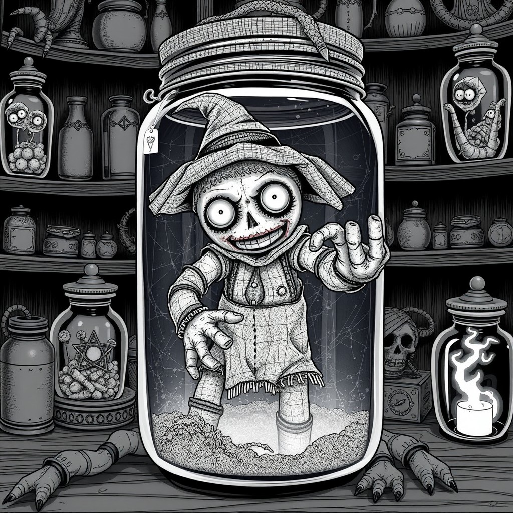 A creepy rag witch doll trapped inside a large sealed glass jar, hunched and pressed against the inner walls