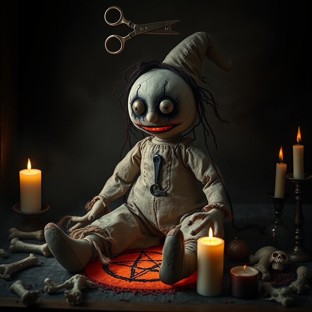 A terrifying rag witch doll sitting unnaturally still in a dark, cursed room