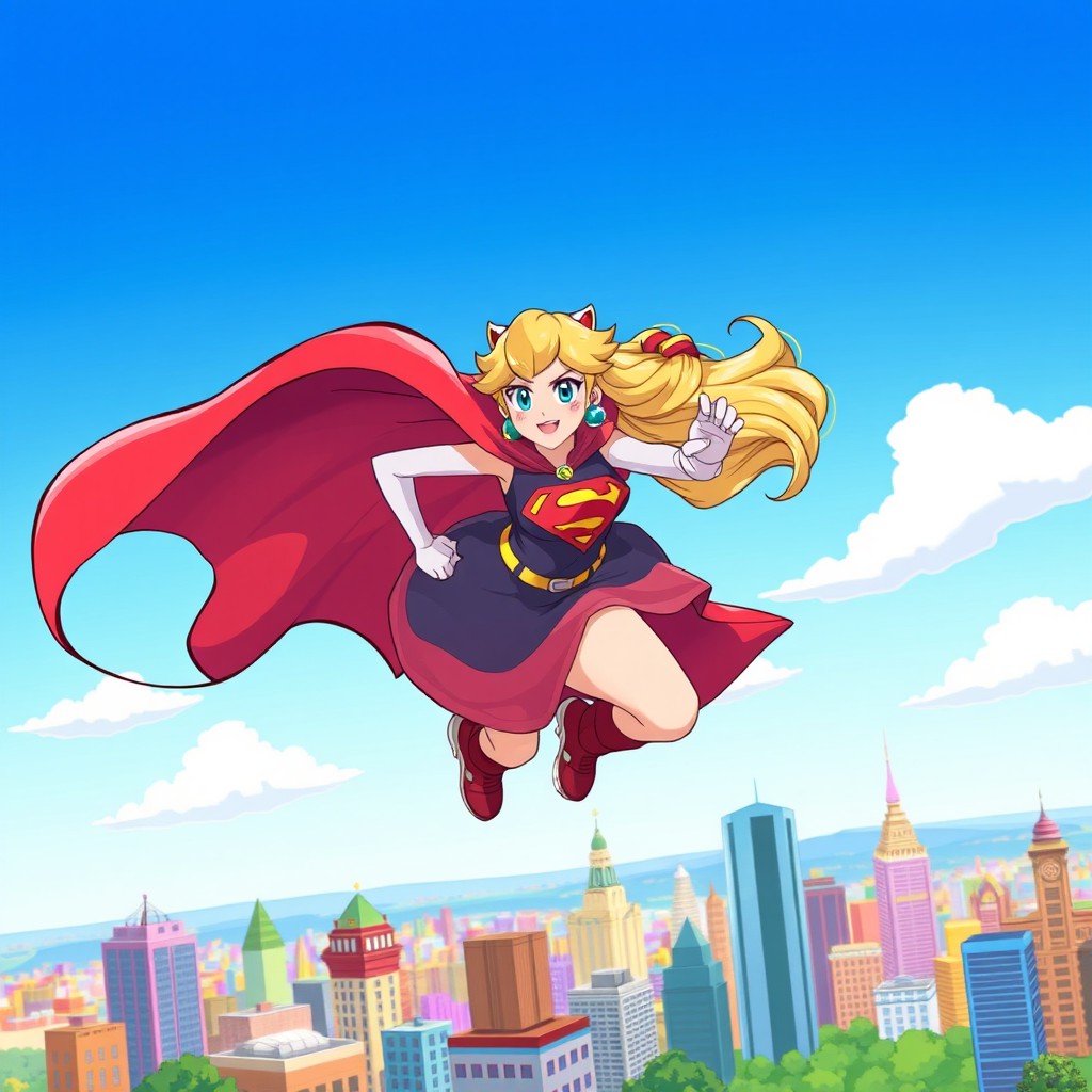 A dynamic and heroic illustration of Princess Peach as Supergirl, featuring her in a vibrant superhero costume that combines elements of her classic gown and Supergirl's iconic outfit