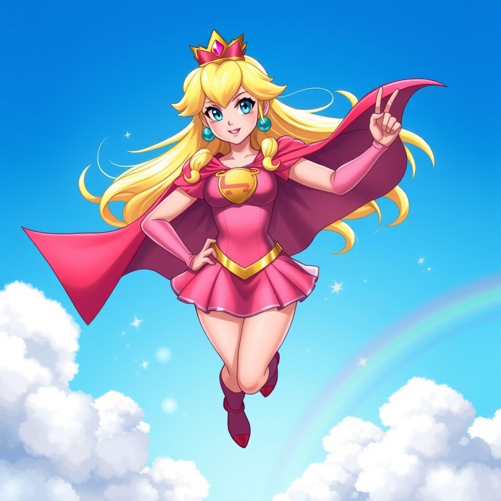 A dynamic character design featuring Princess Peach reimagined as Supergirl