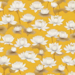 A pattern of numerous delicate white lotuses on a bright yellow cotton cloth.