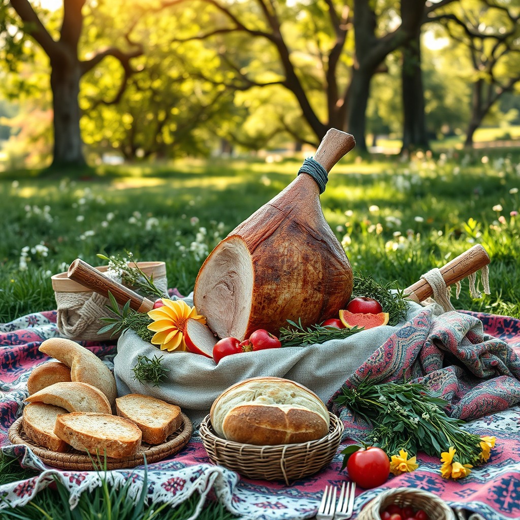 A beautifully arranged boho chic picnic setting featuring an artistic display of a roasted ham