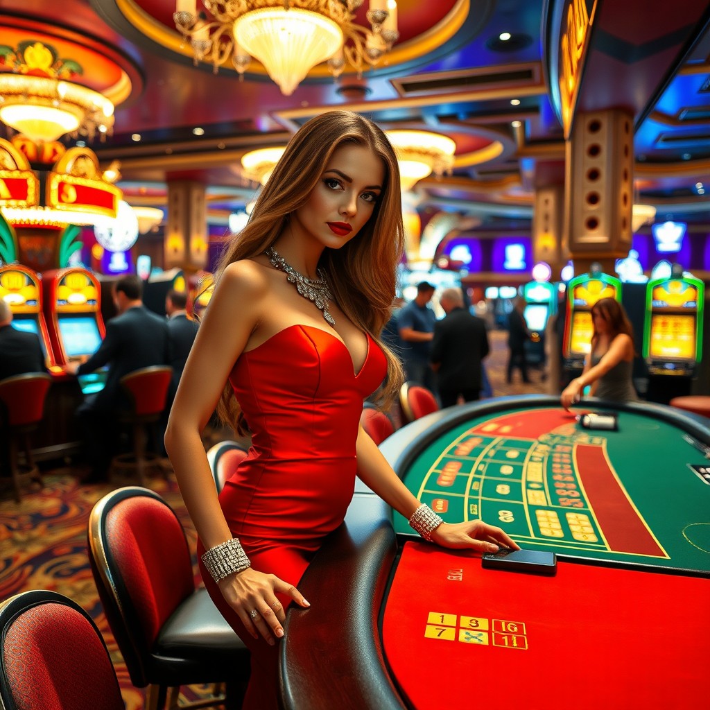 A glamorous casino girl standing confidently at a blackjack table, wearing a sleek, elegant red cocktail dress