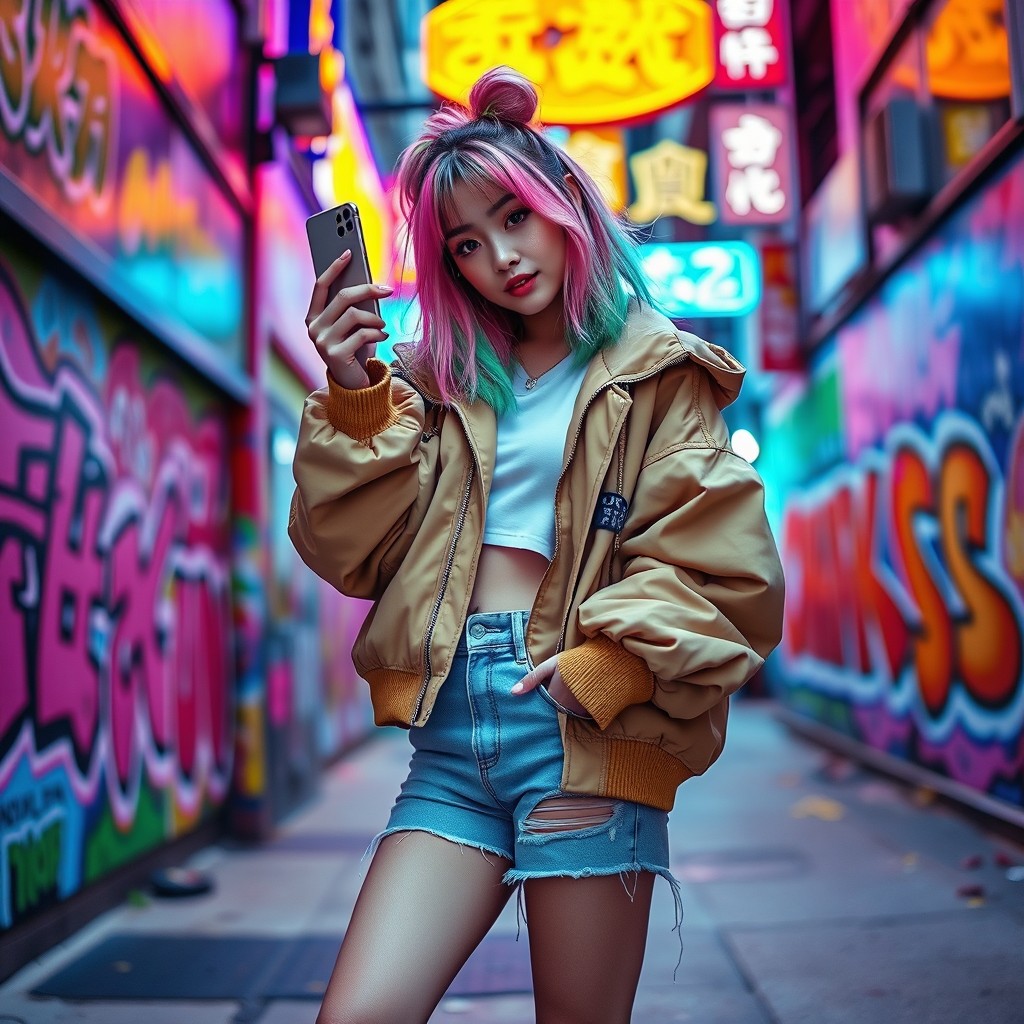 A stylish young woman, embodying the trendiness of Douyin culture, with vibrant hair dyed in pastel colors, wearing a fashionable oversized jacket and trendy sneakers