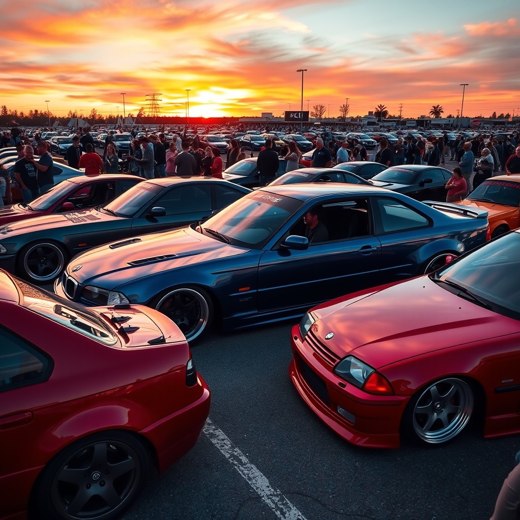 A stunning display of stance cars parked at a car show with a vibrant sunset in the background