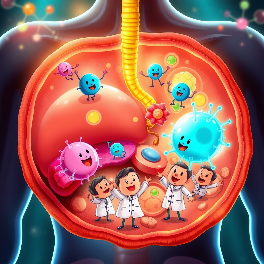 A detailed illustration of enzymes depicted as tiny helpers in the human body, showcasing them in various biochemical processes