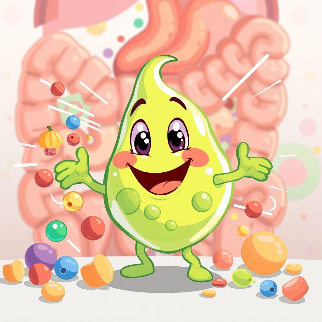 A cartoon-style illustration of a cheerful enzyme character actively breaking down food particles