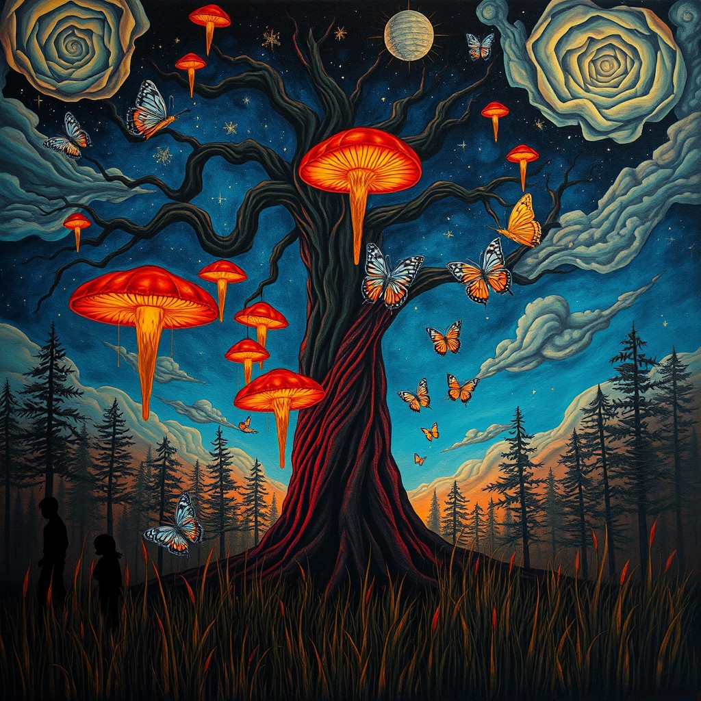 A surreal psychedelic forest at night, depicted in an oil painting style