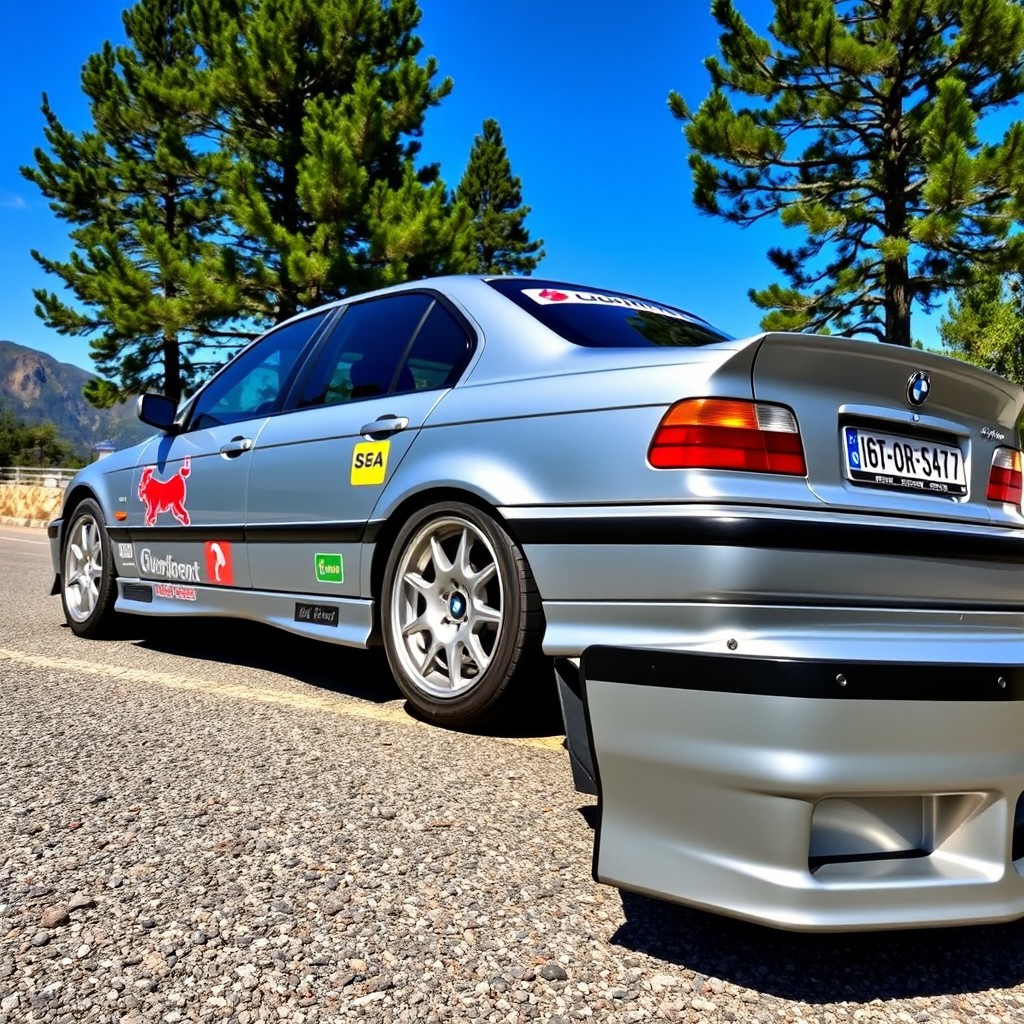 A sleek BMW E36 sedan in silver gray, adorned with rally-style vinyl wraps featuring vibrant graphics and sponsor logos
