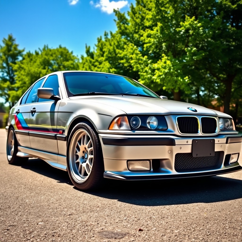 A stylish BMW E36 sedan in silver gray, featuring eye-catching rally-style vinyl wraps that add bold colors and designs