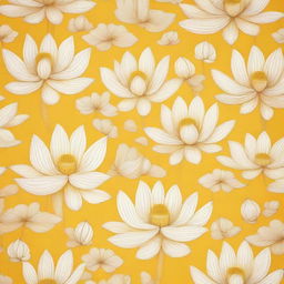 A pattern of numerous delicate white lotuses on a bright yellow cotton cloth.