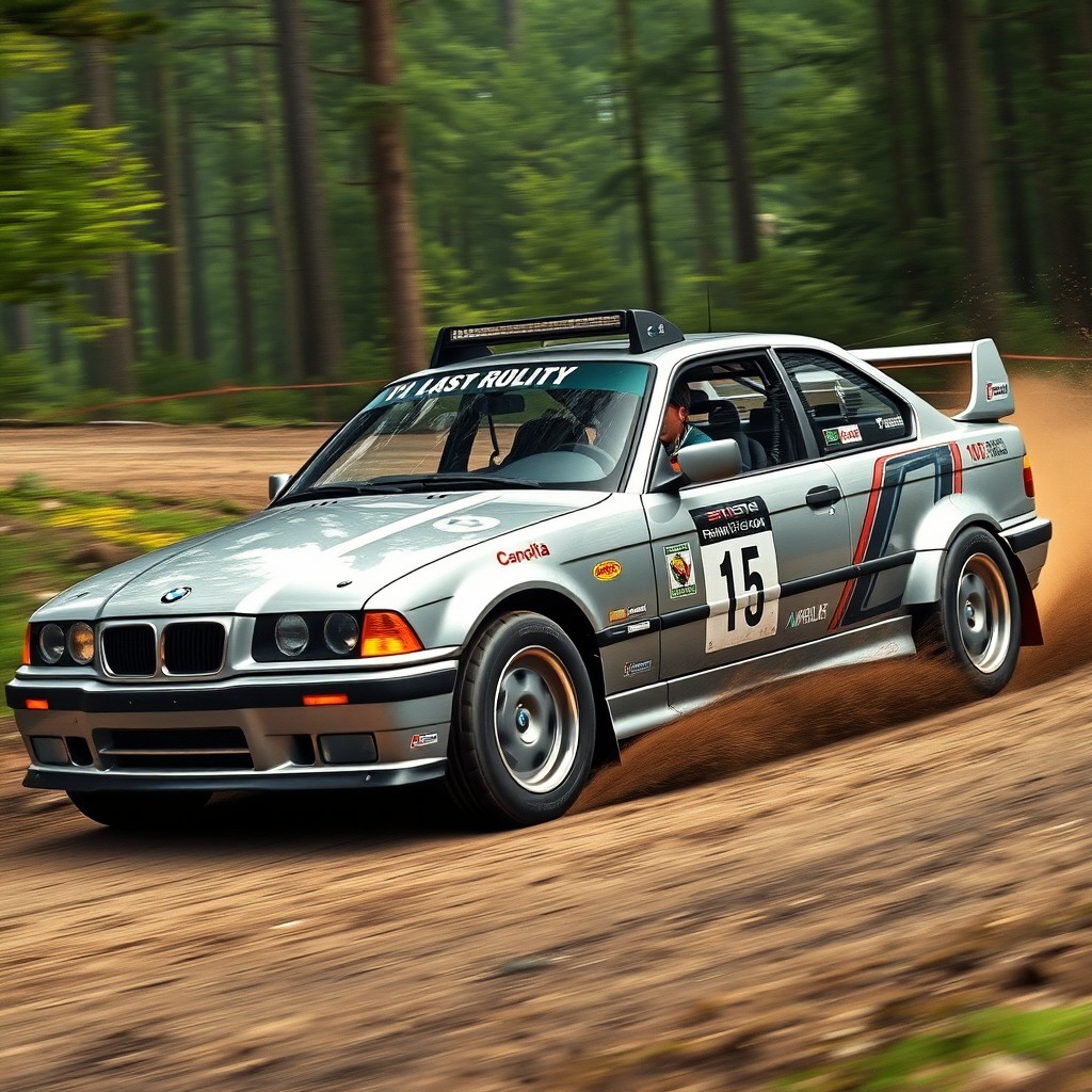 An impressive rendering of a silver gray BMW E36 customized for rally racing, featuring a rugged and adventurous design