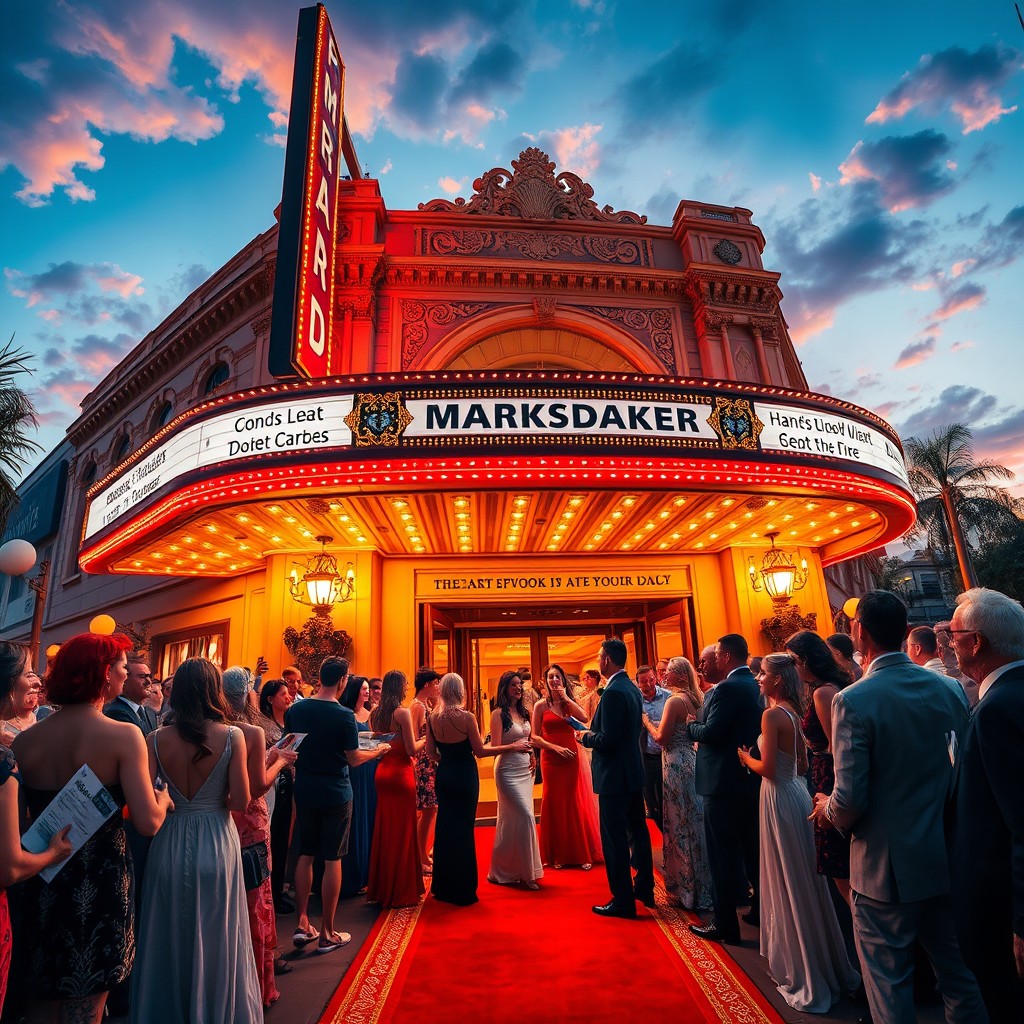 A vibrant theatre night scene capturing the excitement of live performances