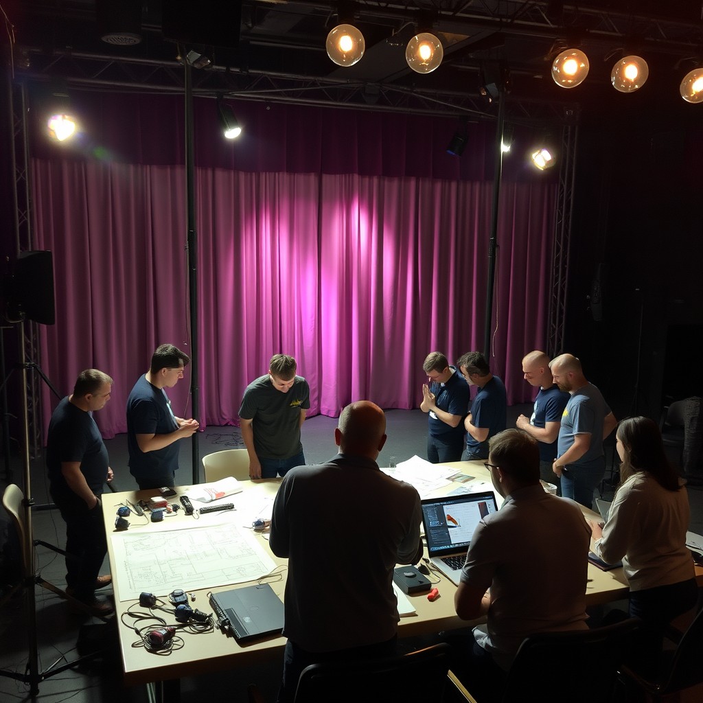 A dimly lit theater stage during a nighttime work meeting