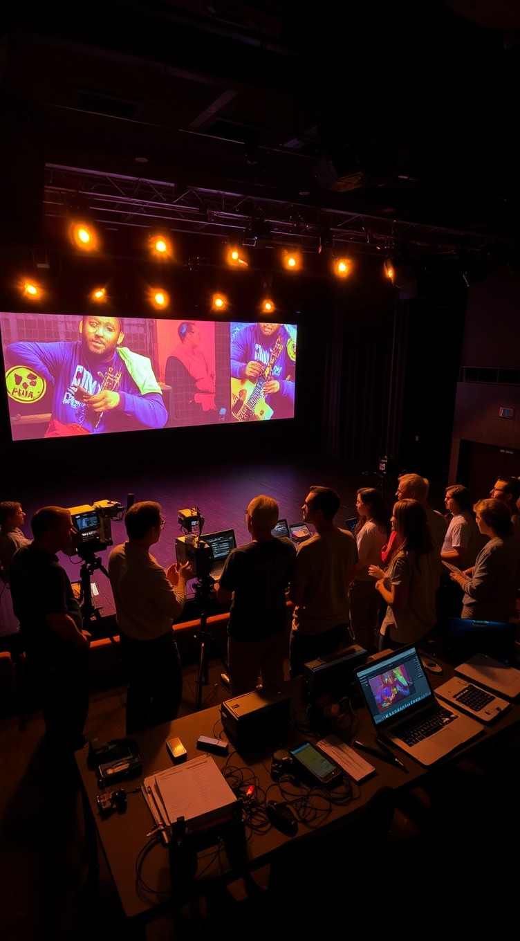 A dimly lit theater stage at night, showcasing a work meeting focused on stage mechanics and projection tests