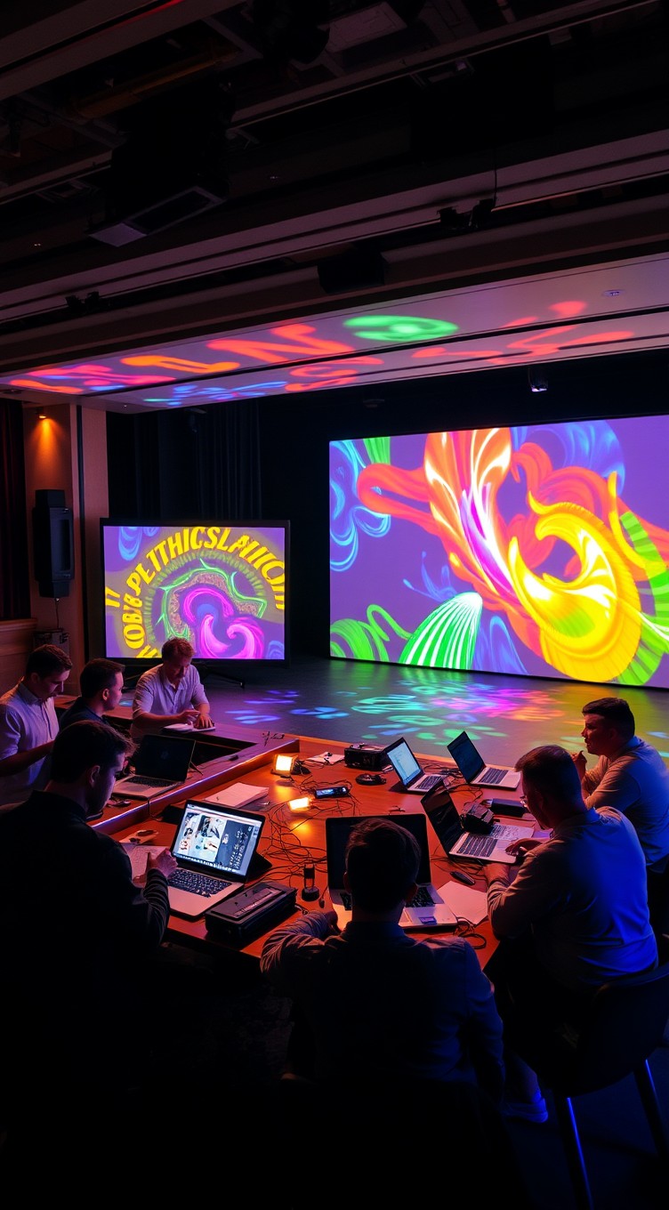 A nighttime theater scene showcasing a work meeting focused on projection mapping tests