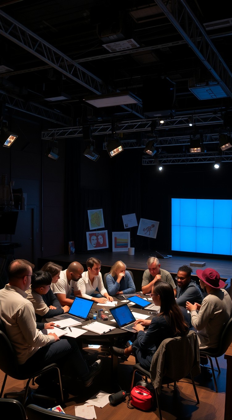 A nighttime theater scene depicting a diverse group of men and women engaged in a work meeting on stage