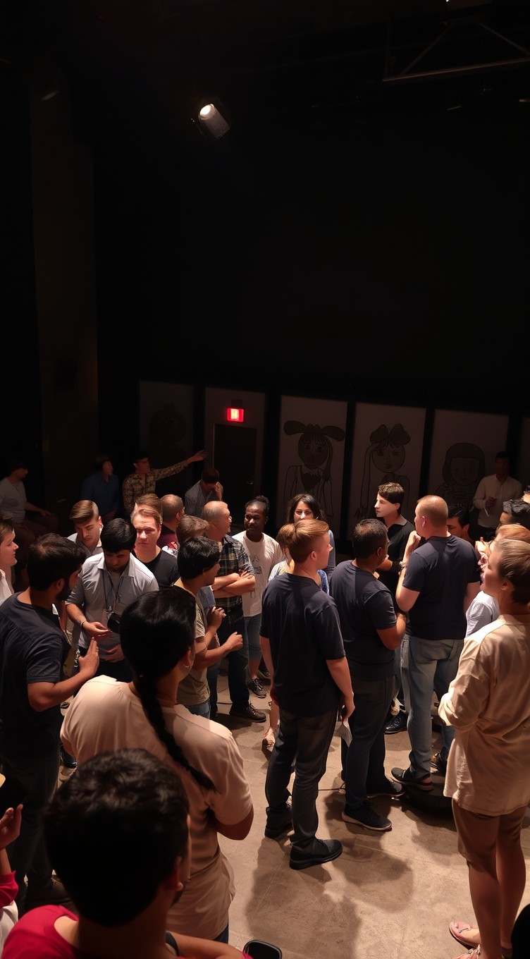 A nighttime theater scene featuring a diverse group of men and women collaborating on stage works