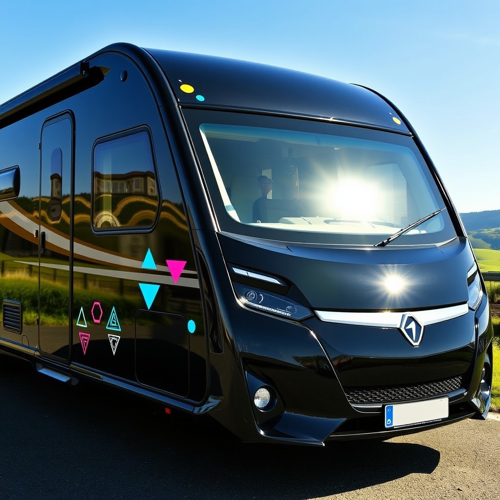 A striking black Astra H caravan adorned with geometric stickers that feature various shapes and vibrant colors