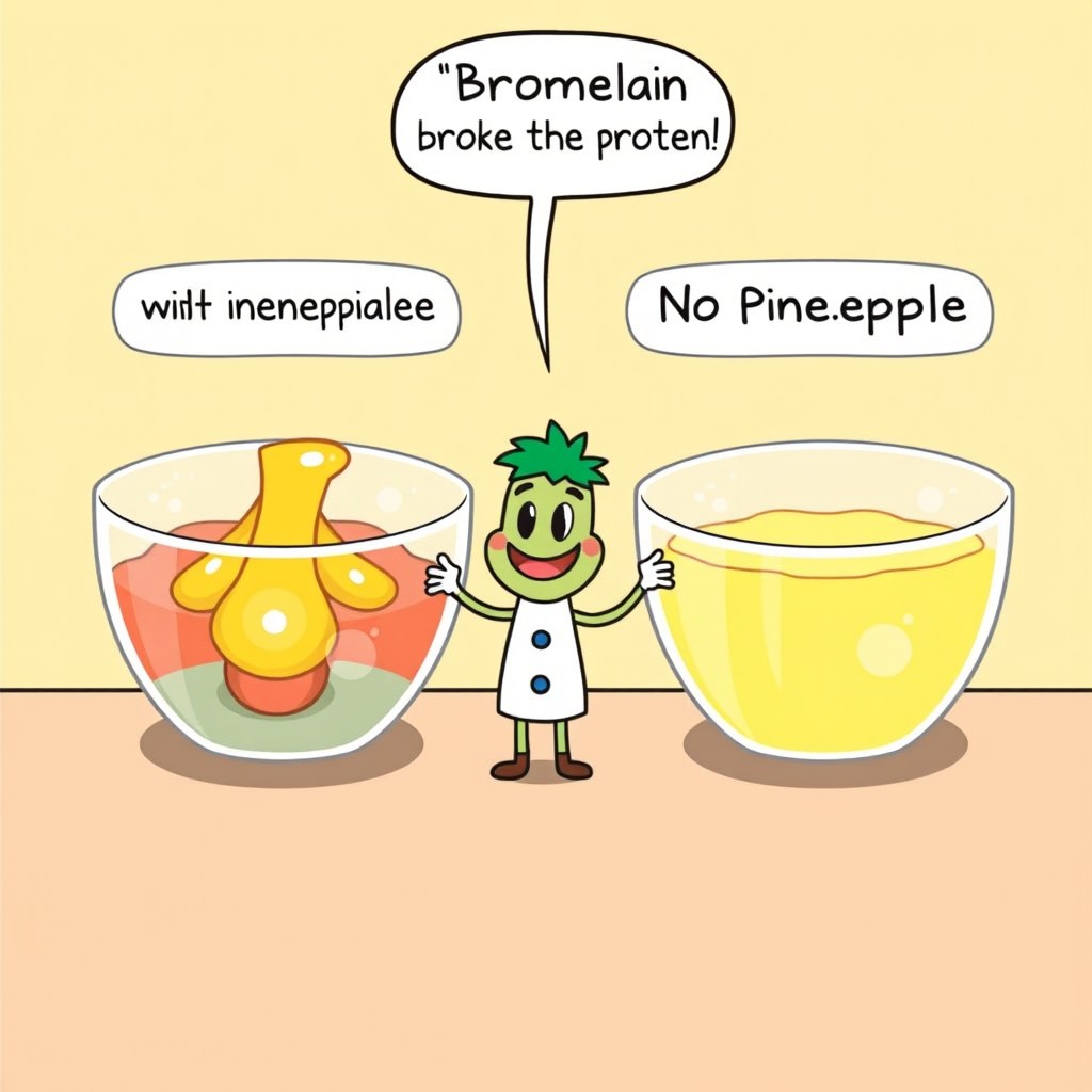 A cartoon-style science illustration depicting two bowls of jelly side by side after an experiment