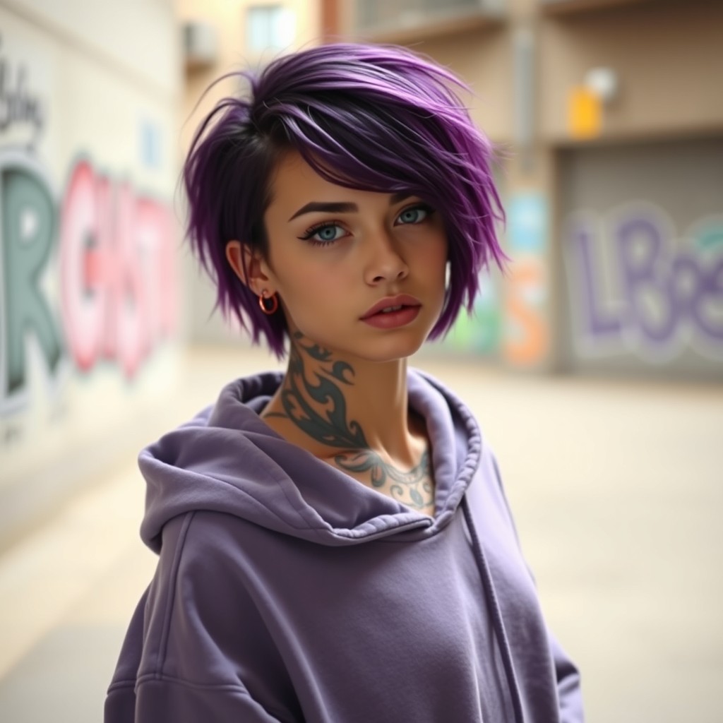 An androgynous person with striking purple hair and a visible tattoo on their neck, wearing a comfortable and stylish hoodie