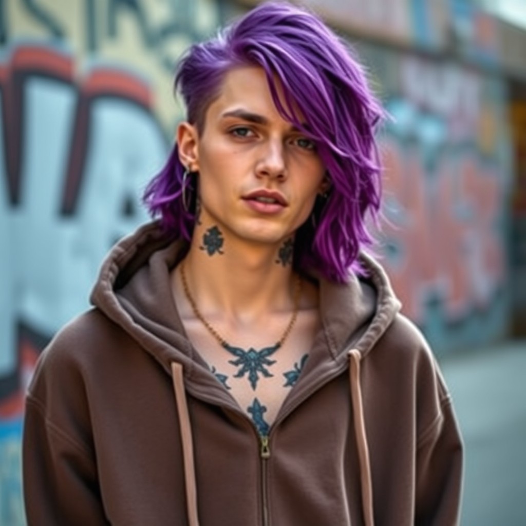 An androgynous male-looking person with vibrant purple hair and a noticeable tattoo on their neck, dressed in a trendy hoodie