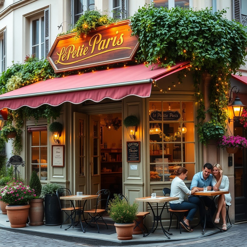 A beautiful and charming scene of Le Petite Paris, a quaint French restaurant, adorned with vintage decor and lush greenery