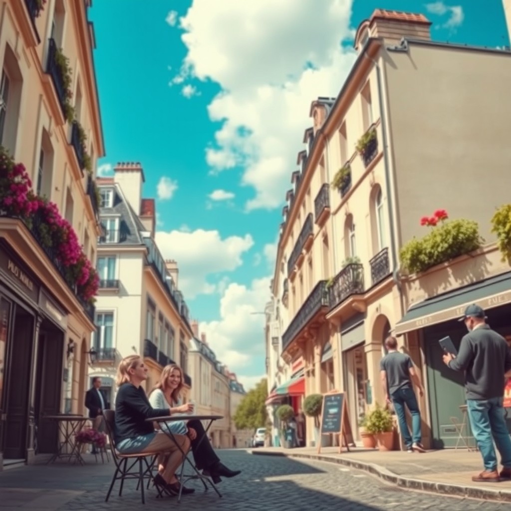A charming street scene in a quaint Parisian neighborhood known as "Le Betite Paris"