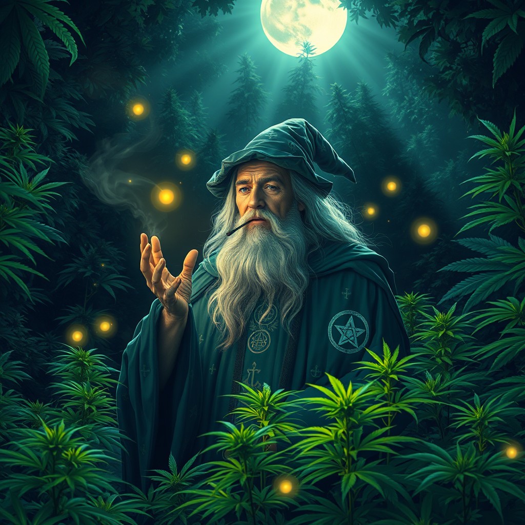 A wizard smoking marijuana in a mystical forest at night, surrounded by lush cannabis plants illuminated by the moonlight