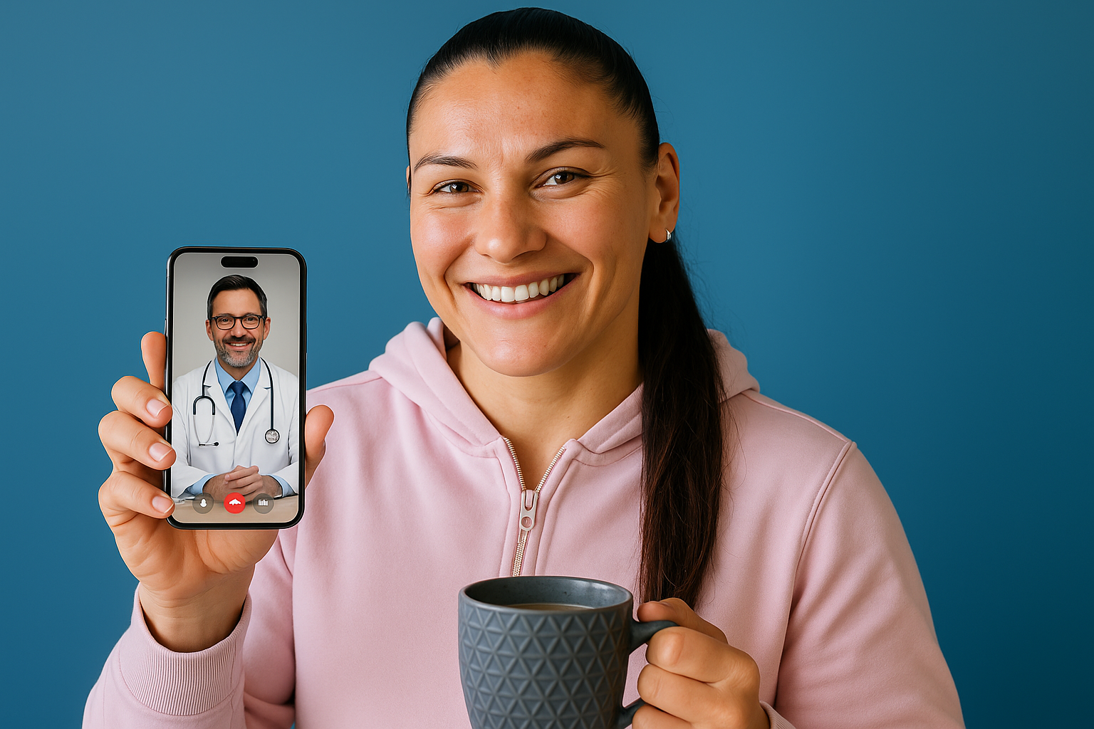 i would like an image that looks like this. the person on the phone screen should obviously be a doctor and the woman should look happy and healthy