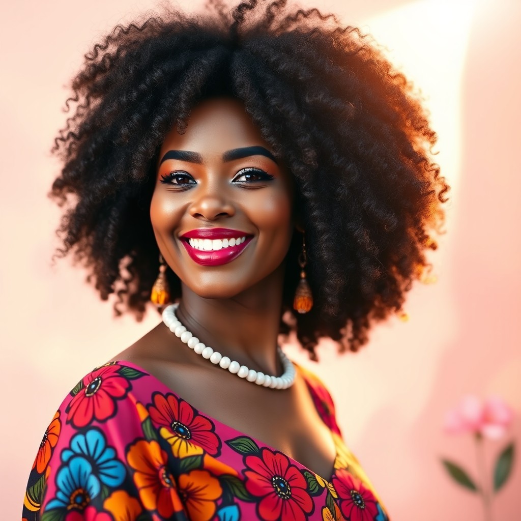 A beautiful Afro woman with a radiant smile, showcasing her voluminous, curly hair styled in an elegant way