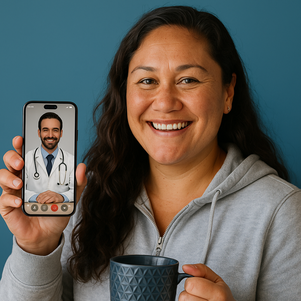 i would like an image like this. the woman should look significantly different, a new zealander, happy and healthy. the person on the phone should obviously be identifiable as a doctor