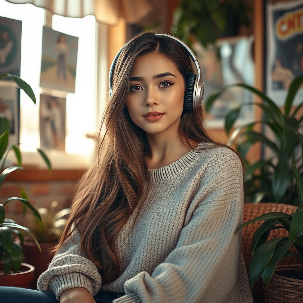 A Lo-Fi portrait of a tranquil young woman sitting in a cozy room, surrounded by plants and soft lighting