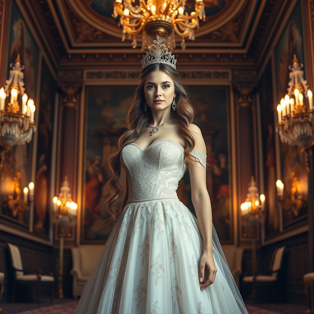 A noble woman standing in an elegant, opulent room, adorned in a luxurious flowing gown embellished with intricate lace and jewels