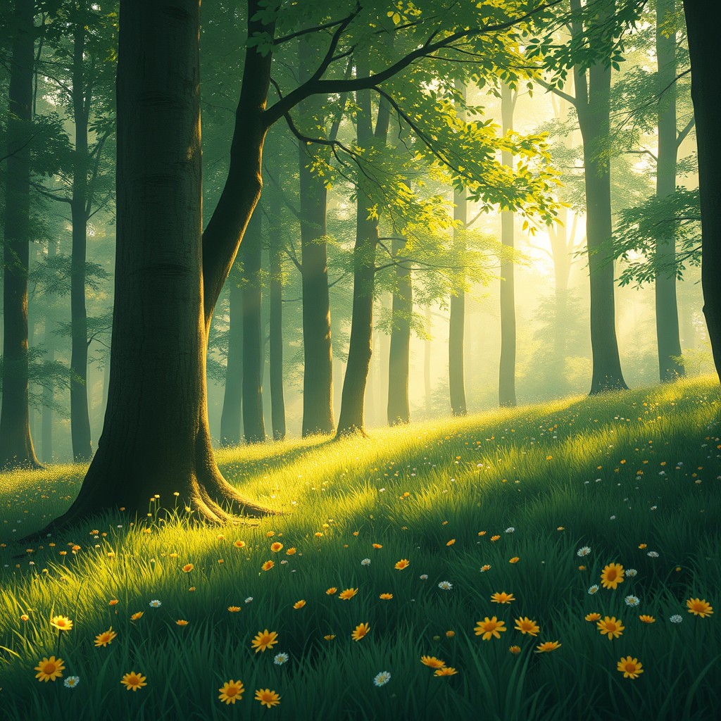 A Lo-Fi and Ghibli-style image set in the middle of a lush forest, featuring a serene scene with dappled yellowish and whitish light filtering through the tall trees