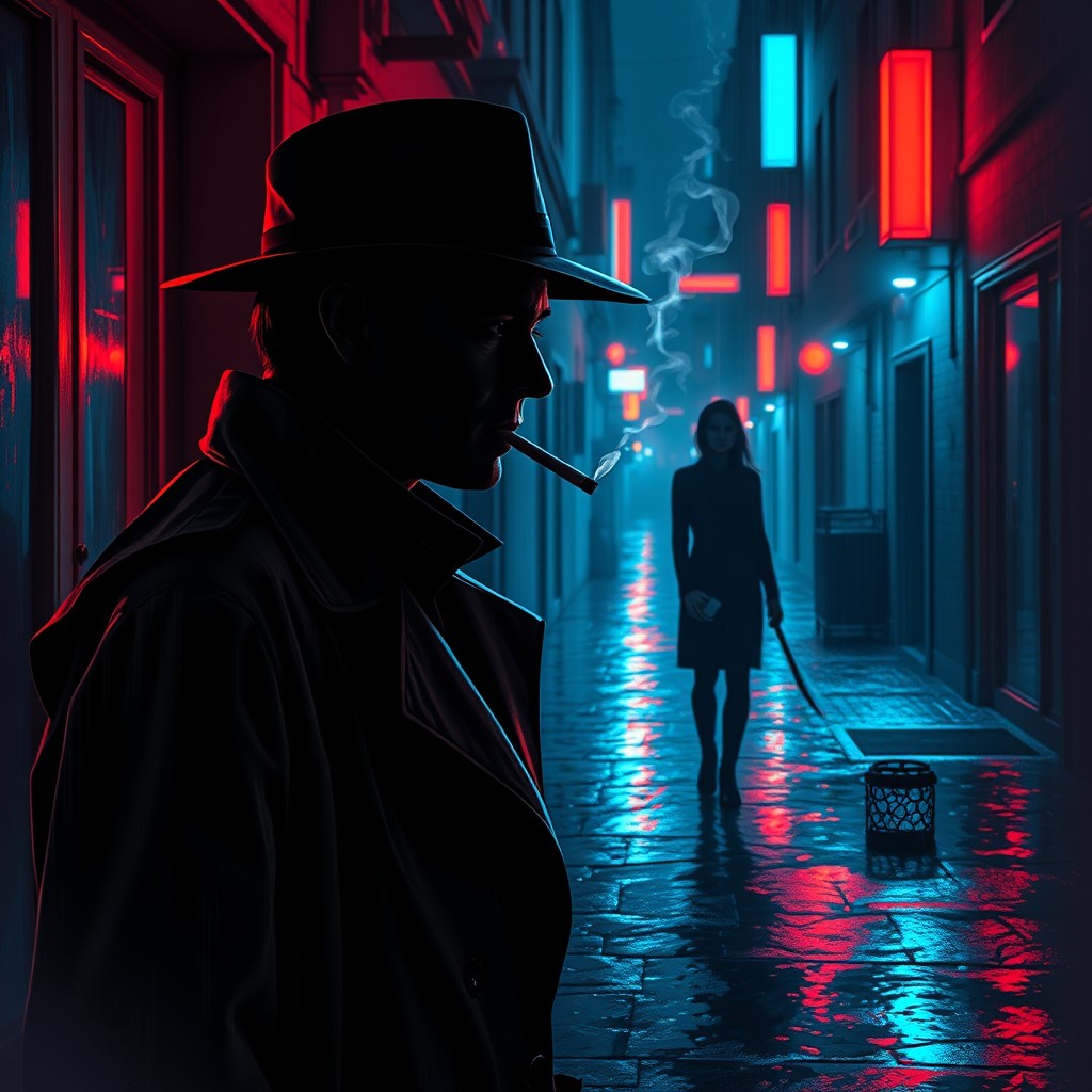 A highly detailed digital painting in noir style showcasing a rain-soaked city alley, illuminated by vibrant neon lights in striking red and blue
