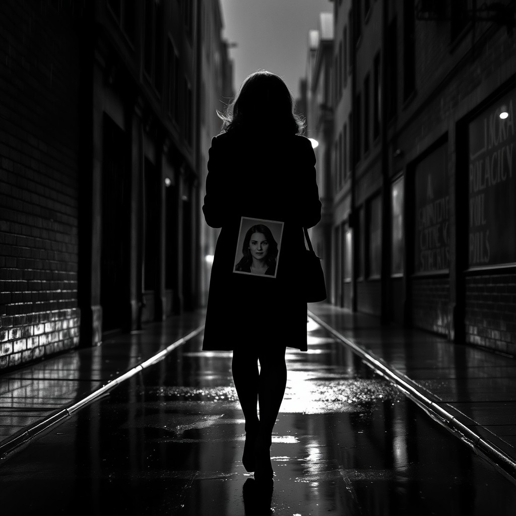A woman in a stylish black coat walking away through a rainy alley, holding a photograph of her 17-year-old sister in her hands