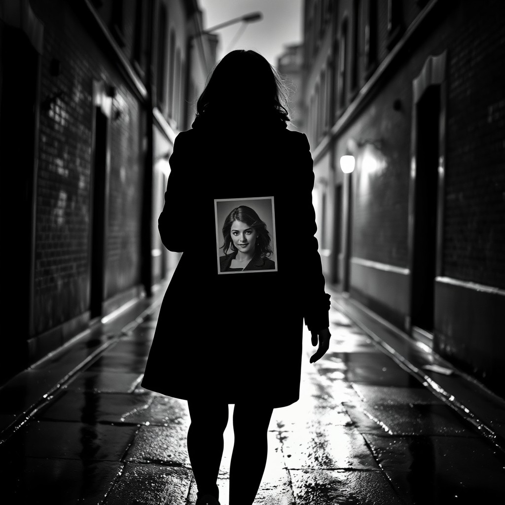 A woman in a stylish black coat walking away through a rainy alley, holding a photograph of her 17-year-old sister clearly visible in her hands