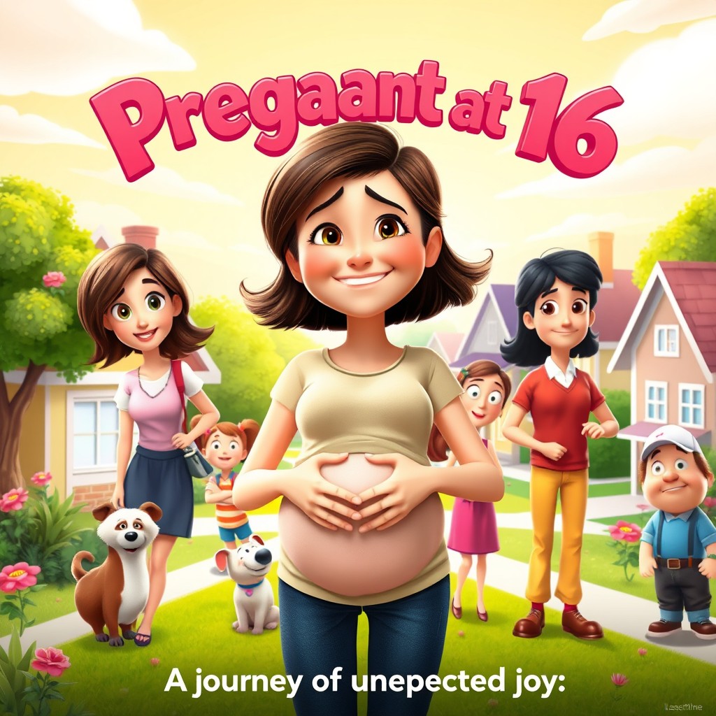 A colorful and expressive Pixar-style movie poster titled 'Pregnant at 16' featuring a teenage girl with a joyful yet nervous expression, lightly cradling her baby bump, surrounded by whimsical animated characters including a supportive best friend, a humorous pet, and quirky family members