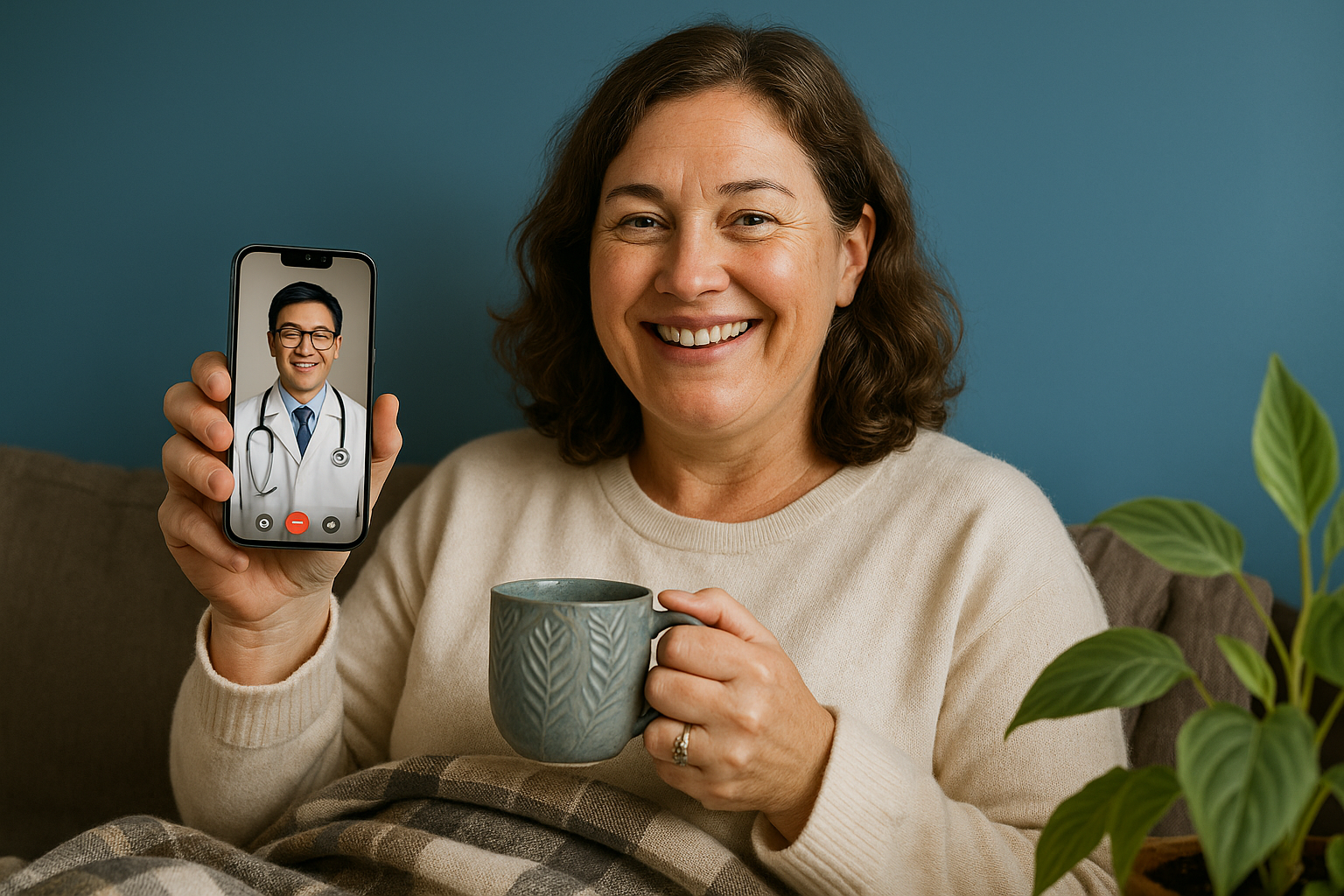 i would like an image like this. the woman should look significantly different, a new zealander, happy and healthy. the person on the phone should obviously be identifiable as a chinese doctor. add some foliage like in the image to the foreground, give the impression of a cosy day at home