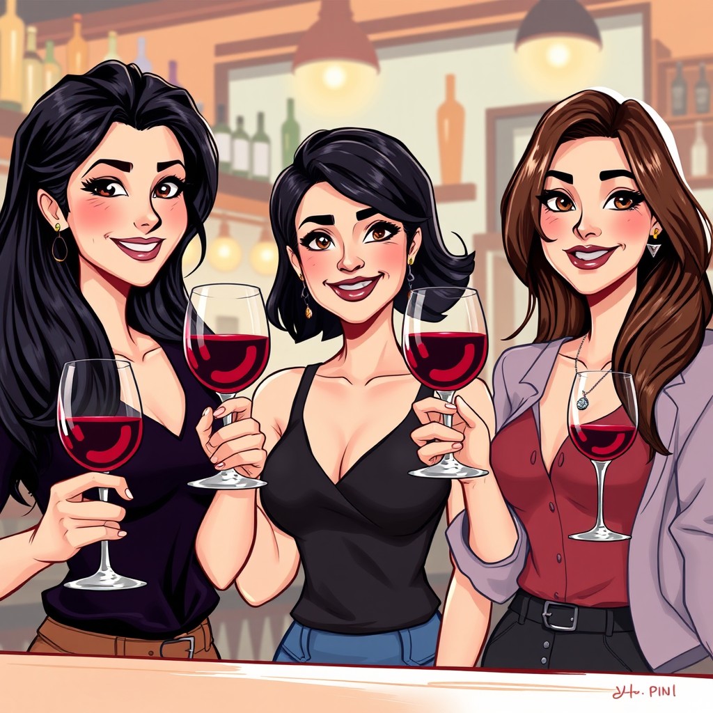 A high-quality 2D animated drawing featuring three confident women in a bar environment, each holding a glass of red wine