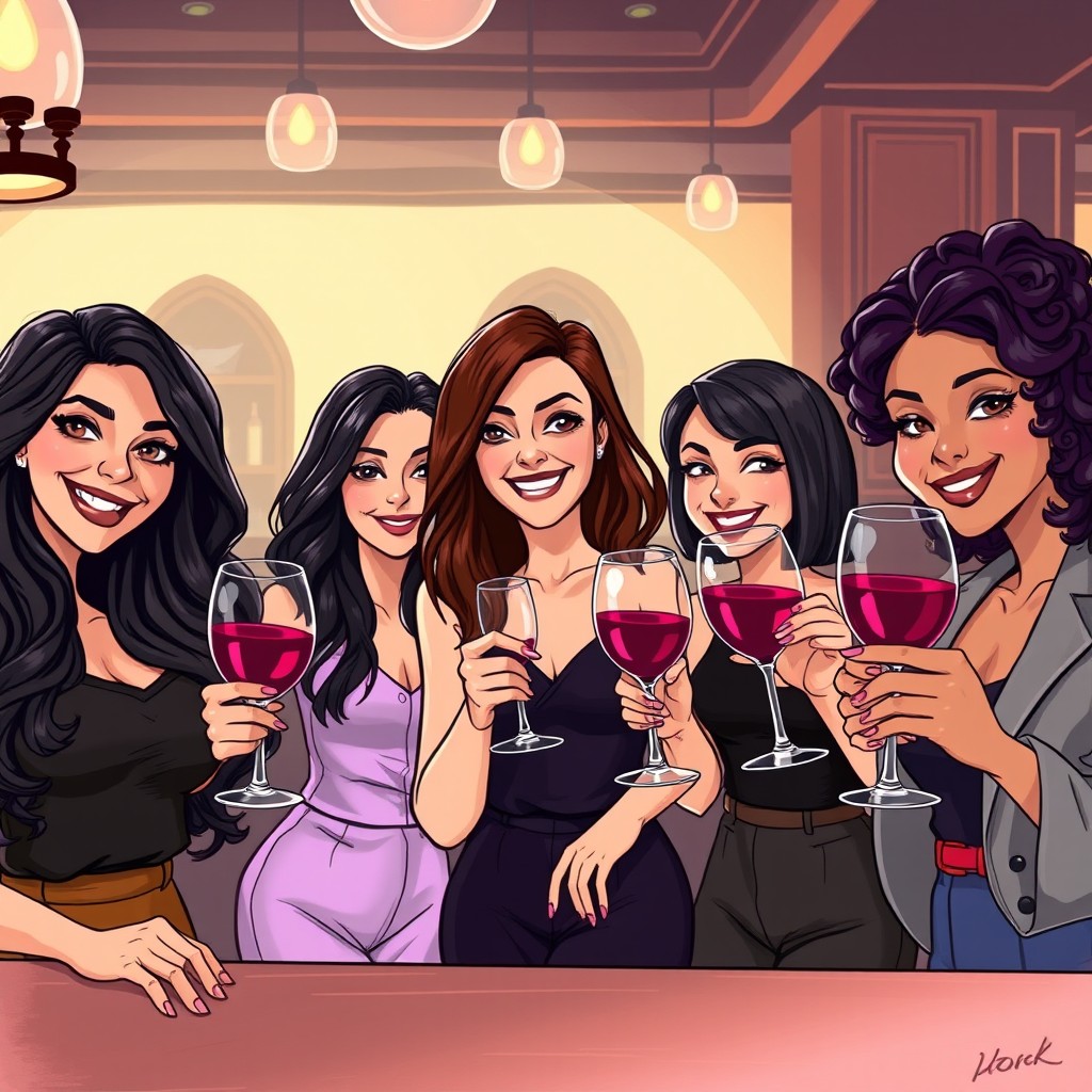A high-quality 2D animated drawing featuring five confident women in a lively bar environment, each holding a glass of red wine