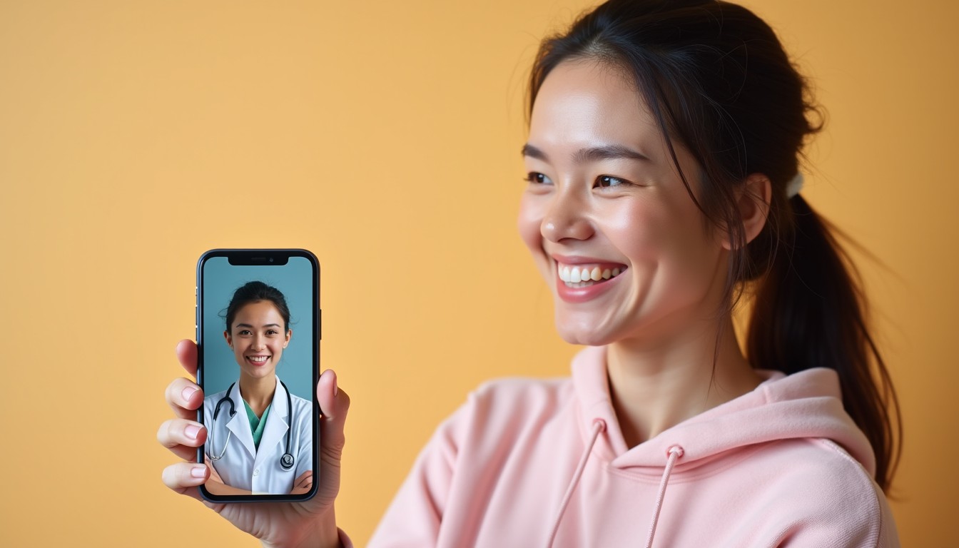 A New Zealand woman smiling happily while holding a smartphone displaying a clearly identifiable doctor on the screen
